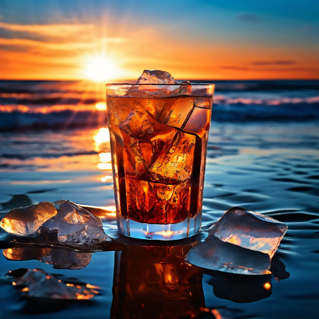 iced-cold-black-coffee-ice-cubes-visible-set-against-a-hot-beach-on-background--